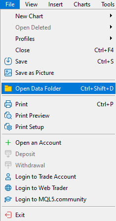 MetaTrader 5 data folder menu