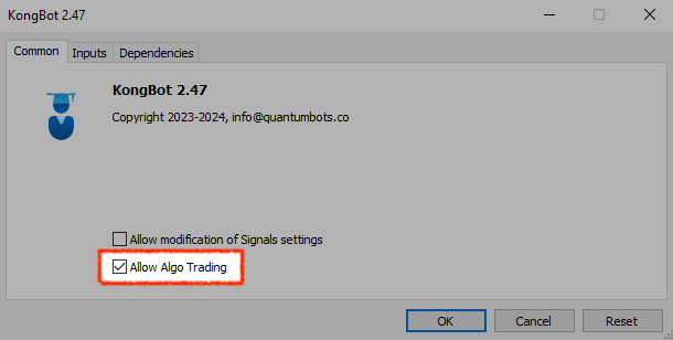 Common tab live trading checkbox