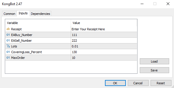 Kong inputs tab