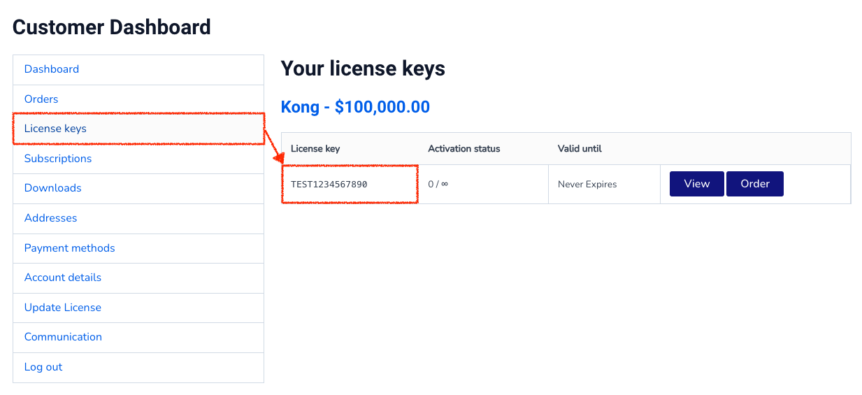 Customer Dashboard license keys