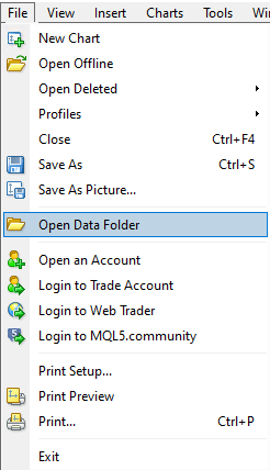 MetaTrader 4 data folder menu