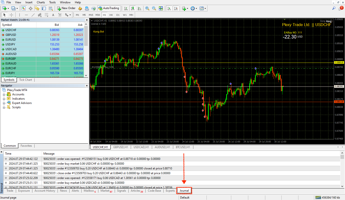 MT4 journal tab