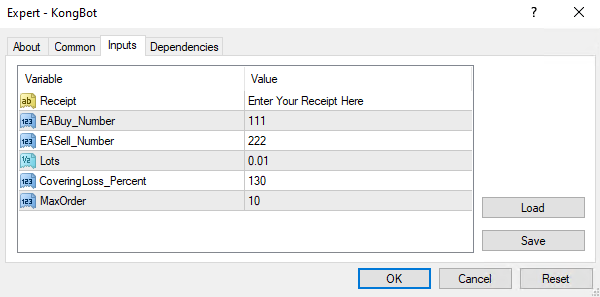 KongBot inputs tab