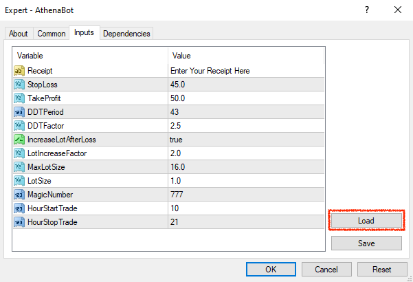 Athena load setfile