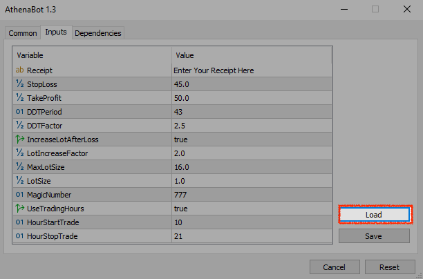 Athena load setfile